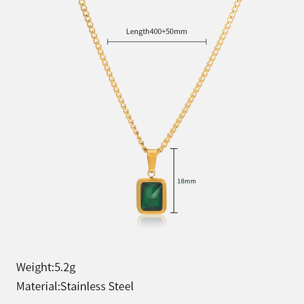 French Vintage Emerald Necklace Geometric Mother Of Pearl Inlay Titanium Steel Pendant Women Jewelry Gift