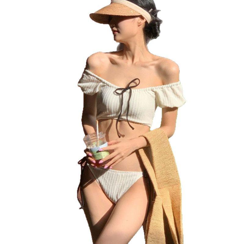 Women's Solid Color Off-Shoulder Ruffle Bikini - Sexy Korean Style for Vacations