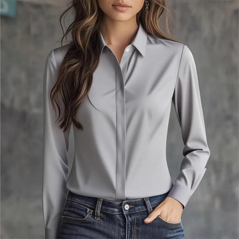 New Autumn Solid Color Long-sleeved Versatile Shirt Lapel Satin Shirt