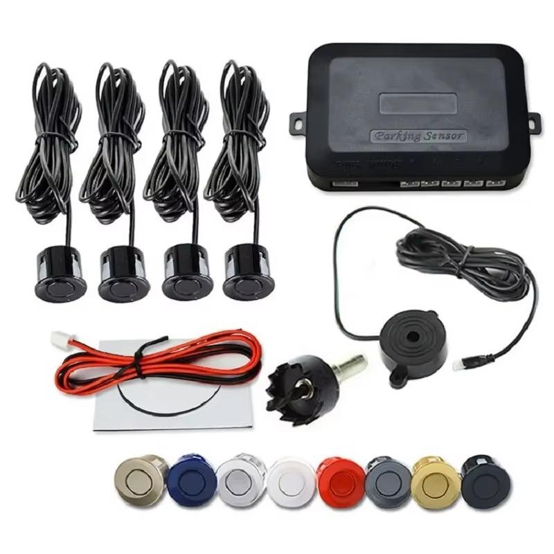 

Комплект светодиодных датчиков парковки для автомобиля состоит из 4 датчиков диаметром 22 мм, функции звукового оповещения и индикатора системы заднего хода 18X14X5CM чёрный