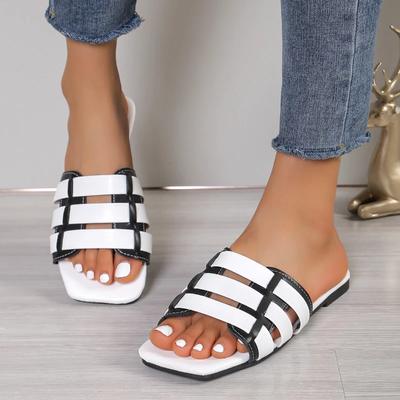 Neue Sommerliche Modische und Elegante Lässige Sandalen Farbblockiert Quadratische Zehenpartie Leichtgewicht Flacher Boden Offene Zehenpartie Slipper NEIN:1136