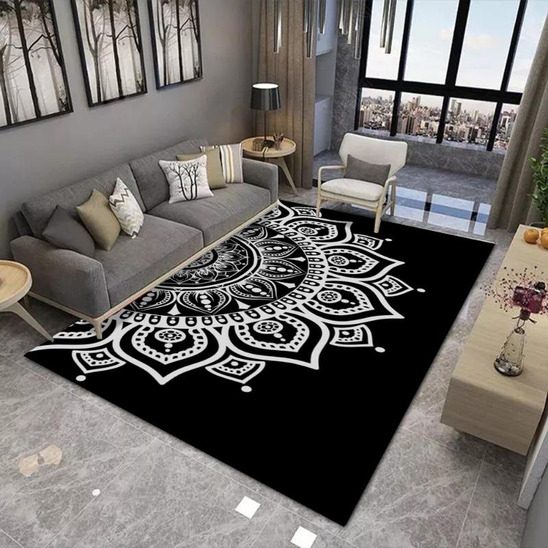 Rainbow Mandala Carpet Mat Rug Spiral Abstract Floral Black White Design Modern Living Room Home Decor Non-Slip Soft Floor Mat