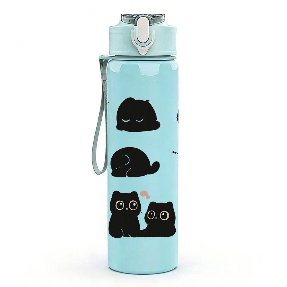 1PC Black Cat Face Repeat Pattern 750ml Color Plastic Sports Water Bottle Leakproof Flip Straw Lid Suitable for Sports Office Home Use
