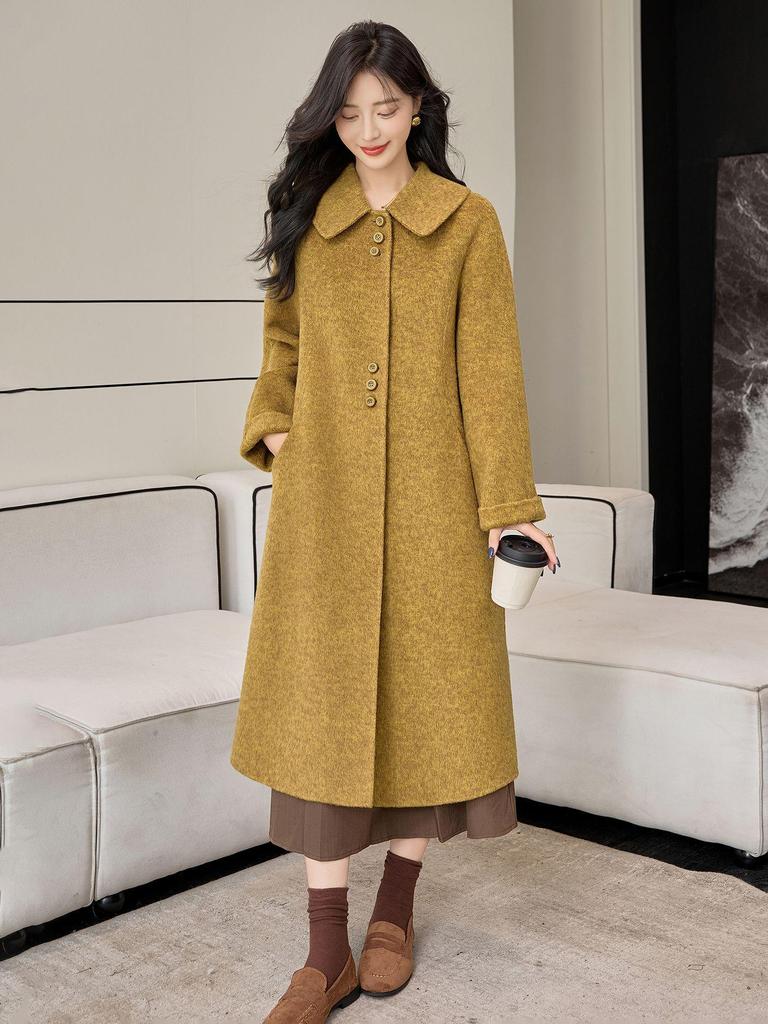2025 Autumn/Winter Korean A-Line Cashmere Wool Overcoat with Doll Collar - Loose, Plus Size Fashion.