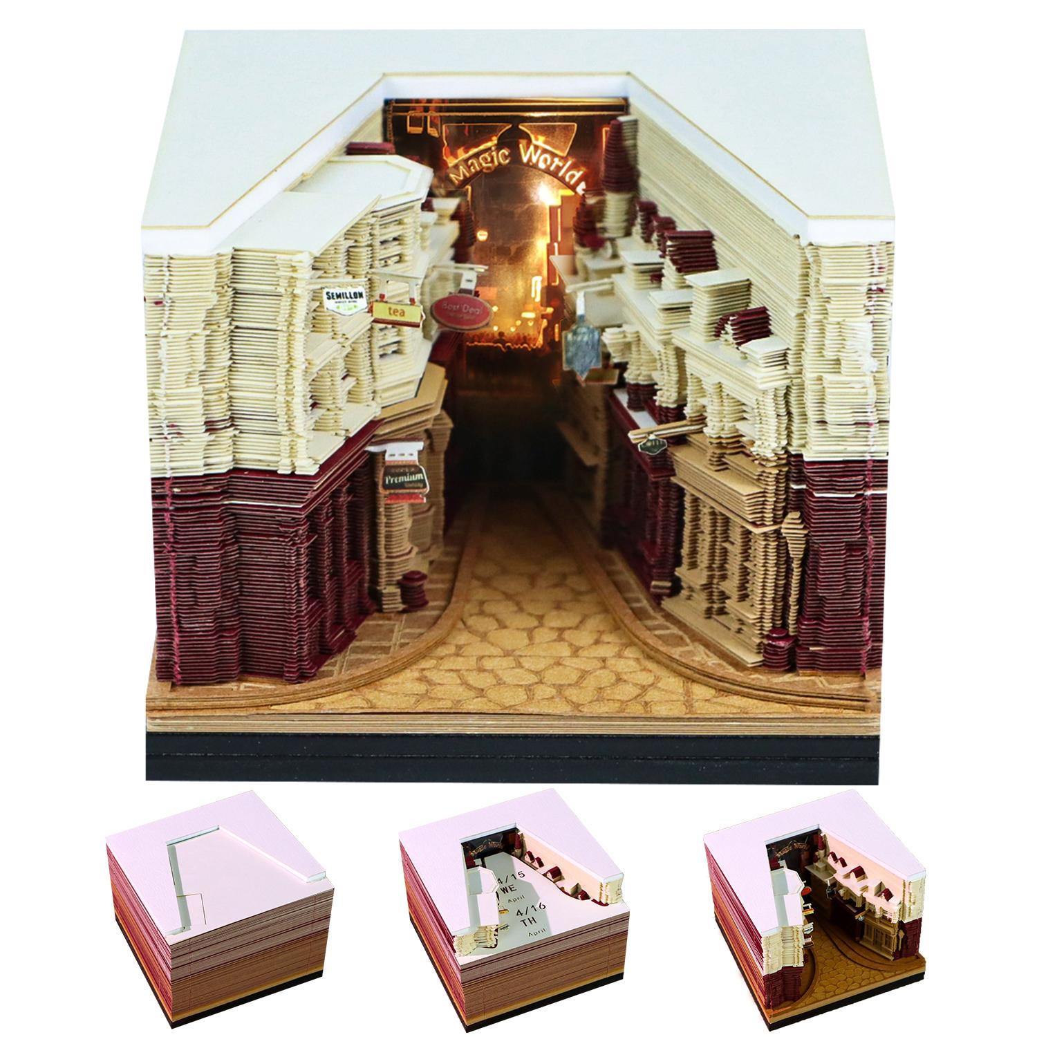 Wizard Alley Magic Street 3D Layered Paper Sculpture Light up Fantasy Architecture Craft Diorama Notes Paper Cube with Calendar 8.5*8.5*6.3CM