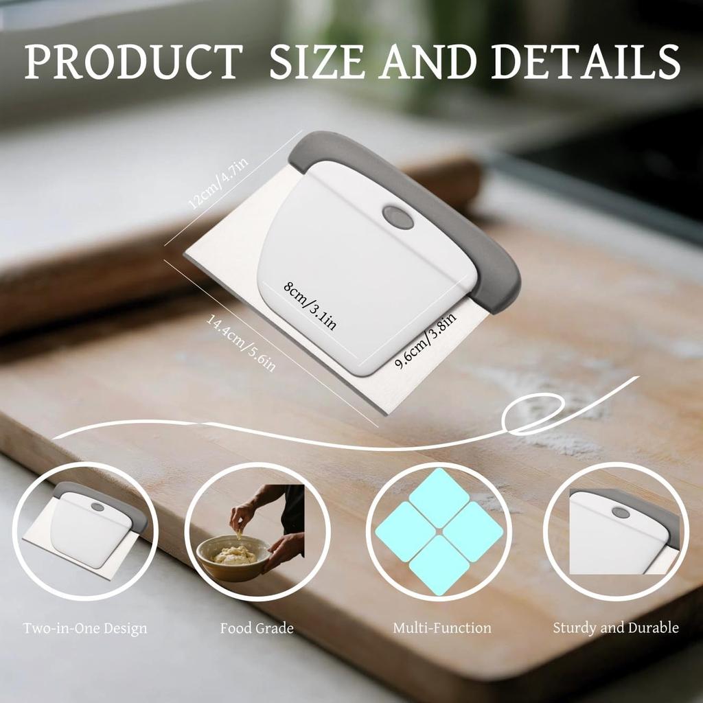 Kitchen Scraper - 2-in-1 Stainless Steel Bench Scraper & Dough Cutter, Dough Scraper for Kitchen Baking, Baking Tool for Flour, Fruits, Pizza with