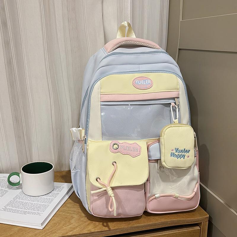 Japanese cute girl contrasting color backpack female Korean dopamine transparent color matching junior high school students large-capacity schoolbag
