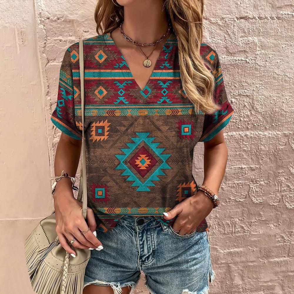 Tricou etnic de damă de vară cu decolteu în V Tricou cu mânecă scurtă Top lejer casual Tricou nou cu mânecă scurtă vintage pentru îmbrăcăminte pentru femei Cămașă