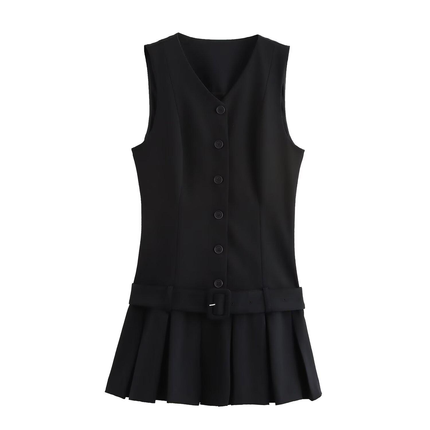 

European & American V-Neck Belted Pleated Dress with Short Skirt Medium чорний