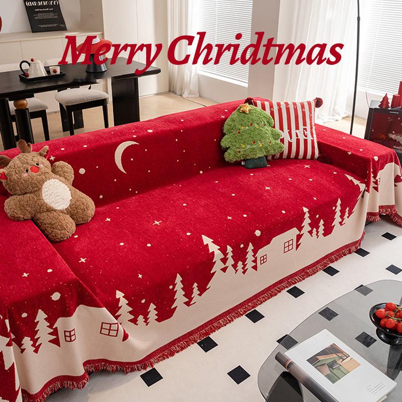 Christmas Atmosphere Sofa Cover Cloth Chenille American Retro Red Sandscarf Anti-Slip Sofa Cushion Cover Multifunctional Blanket
