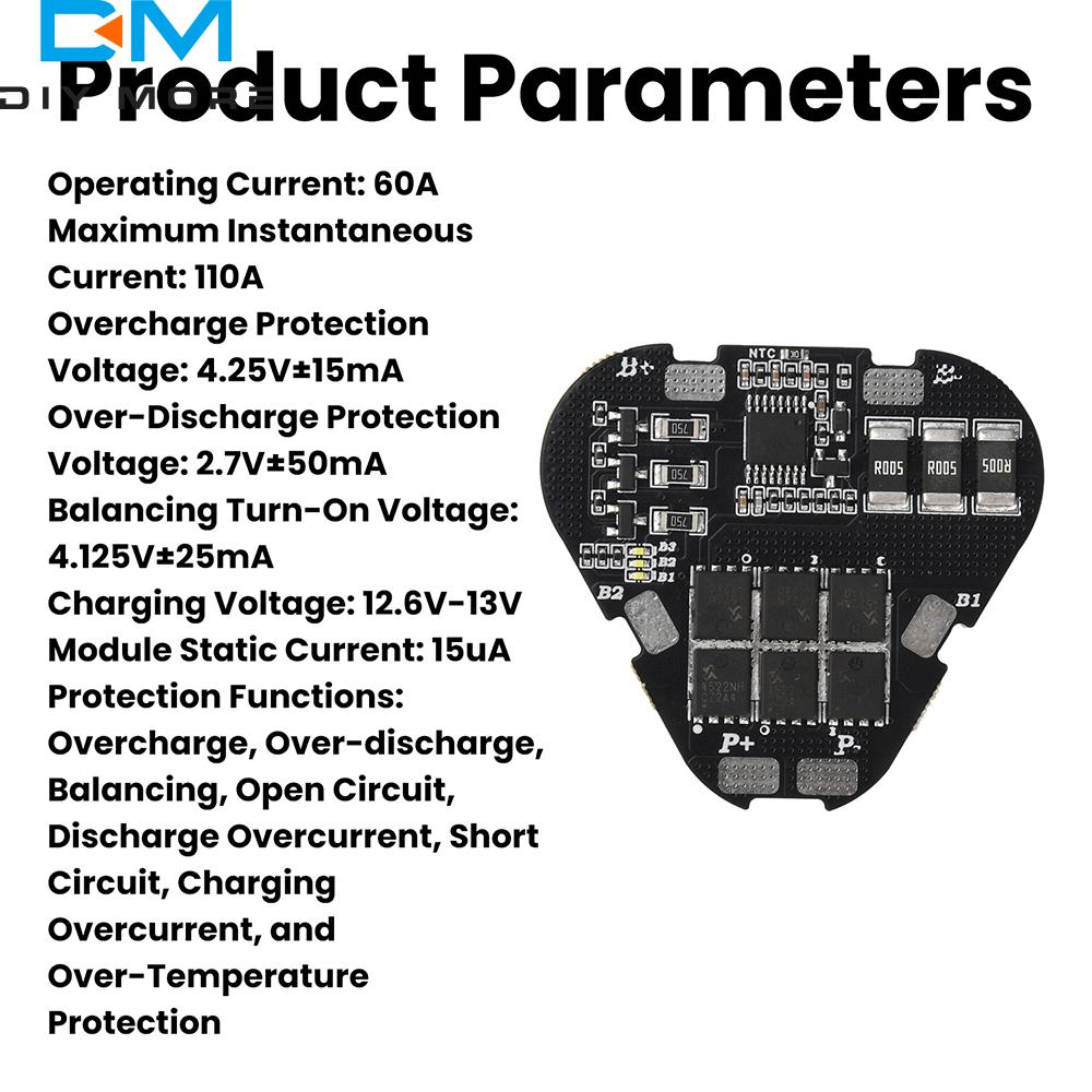 3S 11.1V/12.6V Battery Management System 60A Current Active Balance Low Standby Current Full Protection High Precision Detection