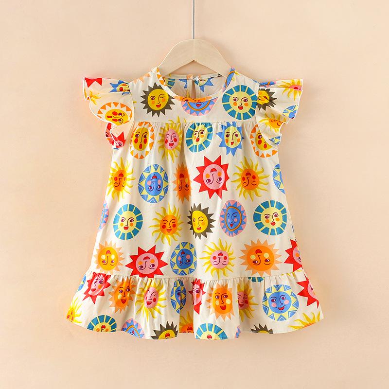 Oujitu Girls' Lace Sleeve Cotton A-line Skirt Dress with Cartoon Print - Spring Children's Clothing