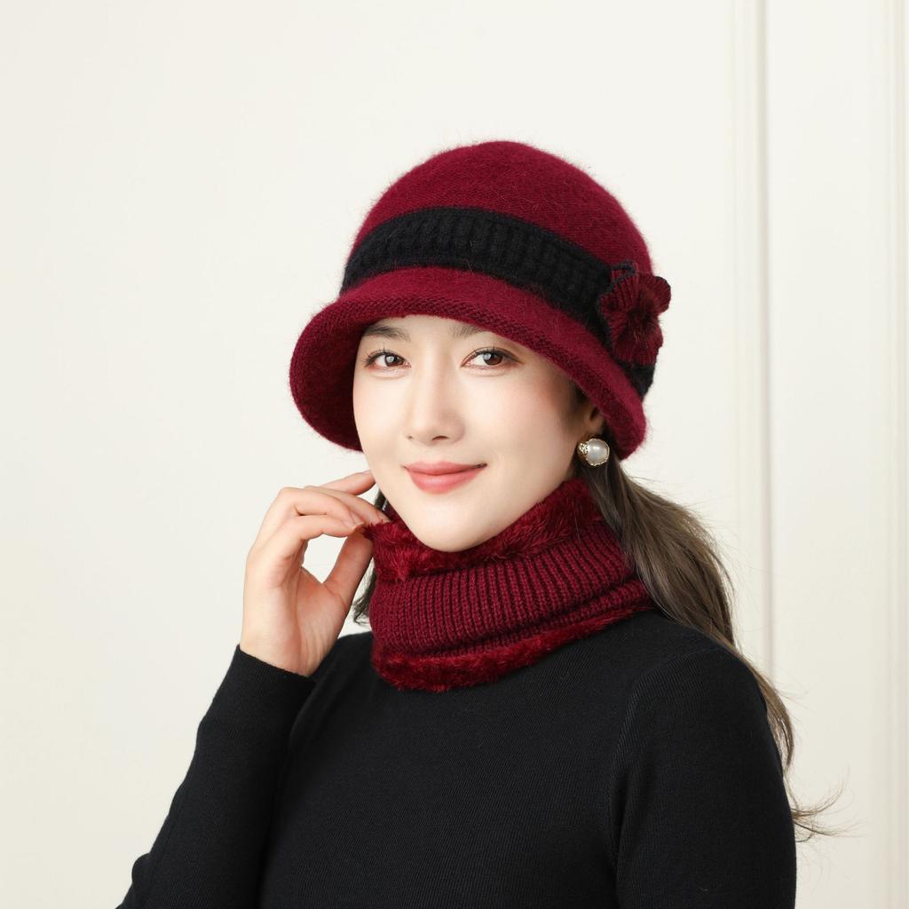 Hat Scarf Set Women'S Winter Thickened Thermal Hat Mom Knitted Wool Hat Grandma Elderly Hat