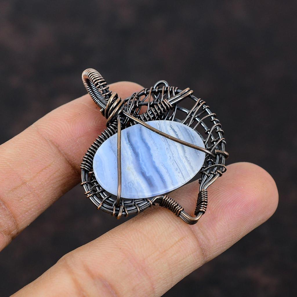 Blue Lace Agate Pendant Copper Wire Wrapped Gemstone Pendant Handmade Pendant Copper Wire Wrap Jewelry Wedding Gift Blue Lace Agate Jewelry