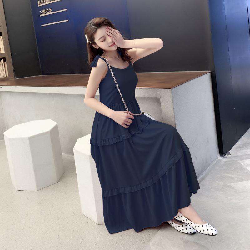 Sommer Neu Einfarbig Krawatte Schleife Sexy Träger Kleid Damen Retro Hohe Taille A-Linie Lässig Locker Lange Kleider Damen Mode Slim Fit Rüschen Elegantes Kleid 26371