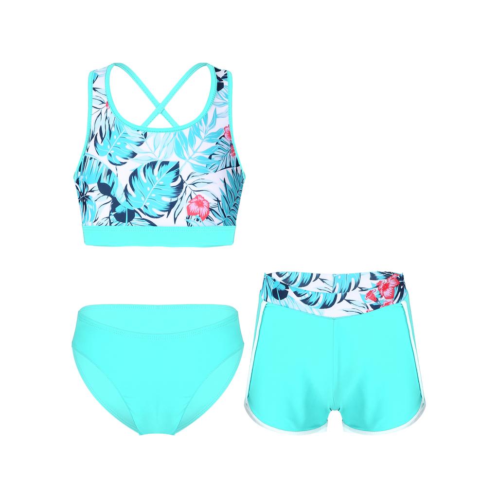Girls Swimwear Set U Neck Cross Straps Open Back Crop Tops Shorts Briefs Beach Pool Rashguard