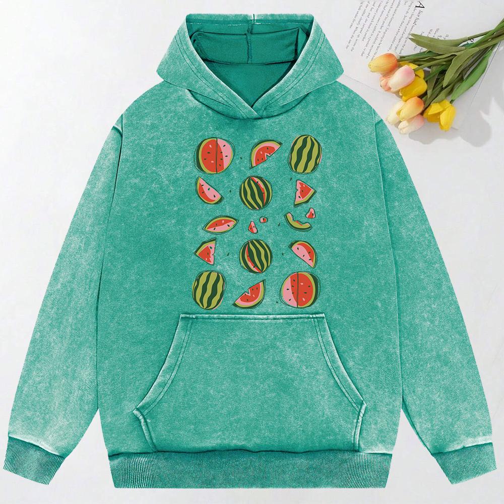 Delicious Watermelon Cut Open  Print Washed Sweatshirt Pullover Autumn Cotton Hoodies Casual Oversized Womenwear
