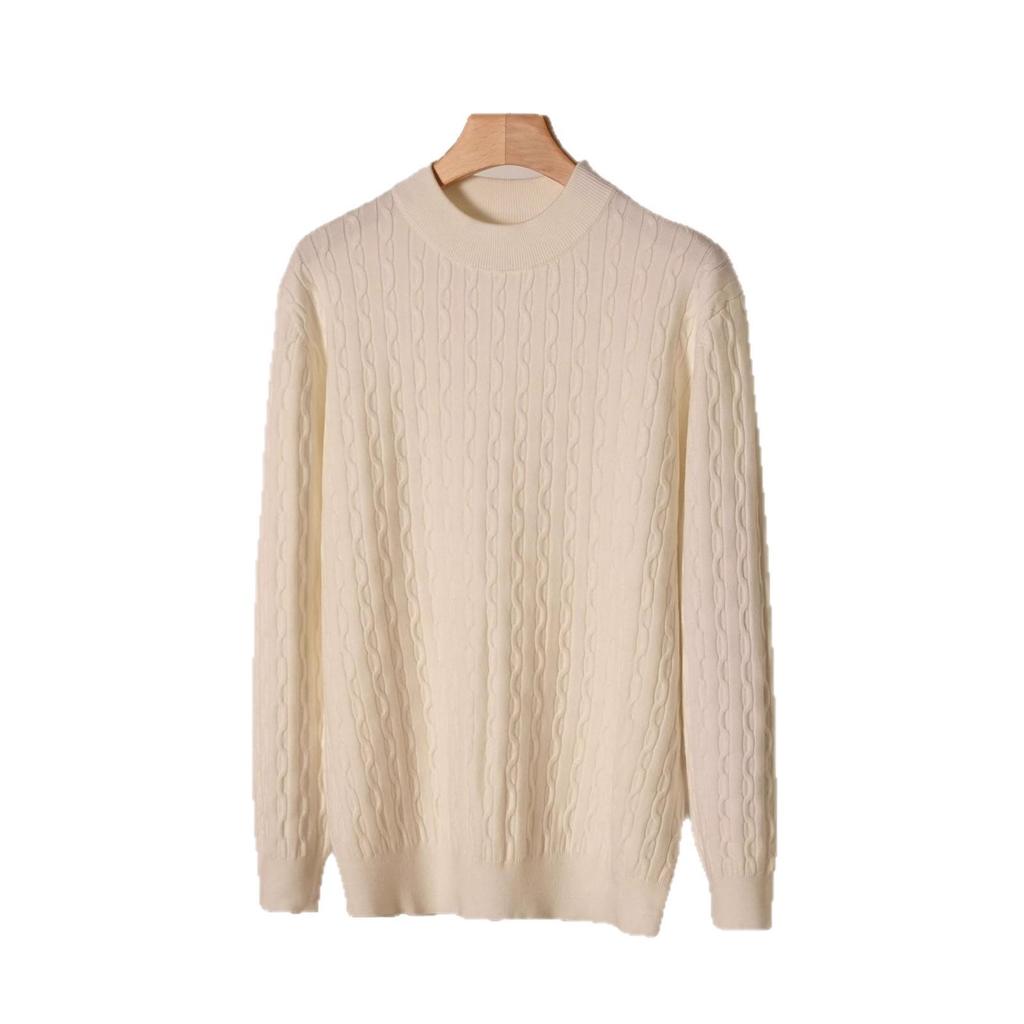 Herren Herbst- und Winter Pullover mit Zopfmuster aus Wolle - Einfacher Rundhalsausschnitt, Langarm, Einfarbige Farbe.