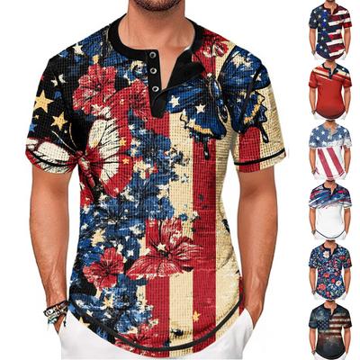 Summer Men's Stand-up Collar Short-sleeved T-shirt With Independence Day Print