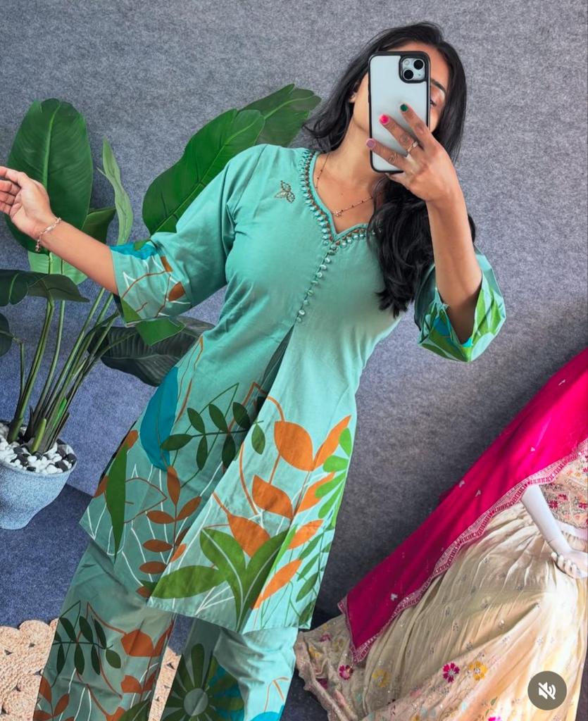 Indian Women Designer Cotton Flex Kurta Pant Cord Set Party Wear Top Tunic Kurti Dress