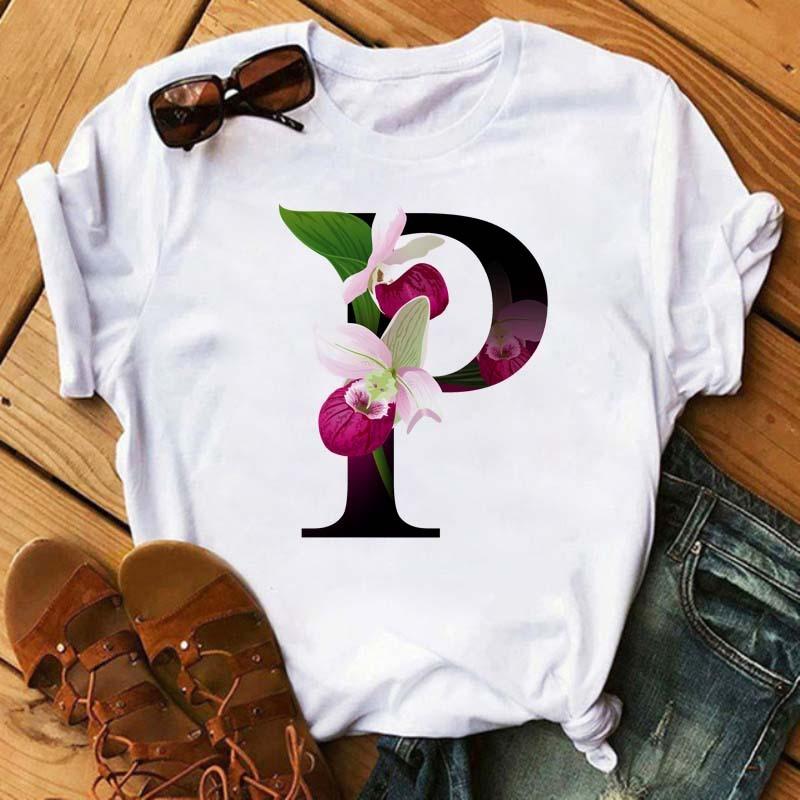 Womens Short Sleeved Tshirt with Floral Letter Print Top with Floral Pattern Casual Natural and Fashionable Daily WhiteTshirt
