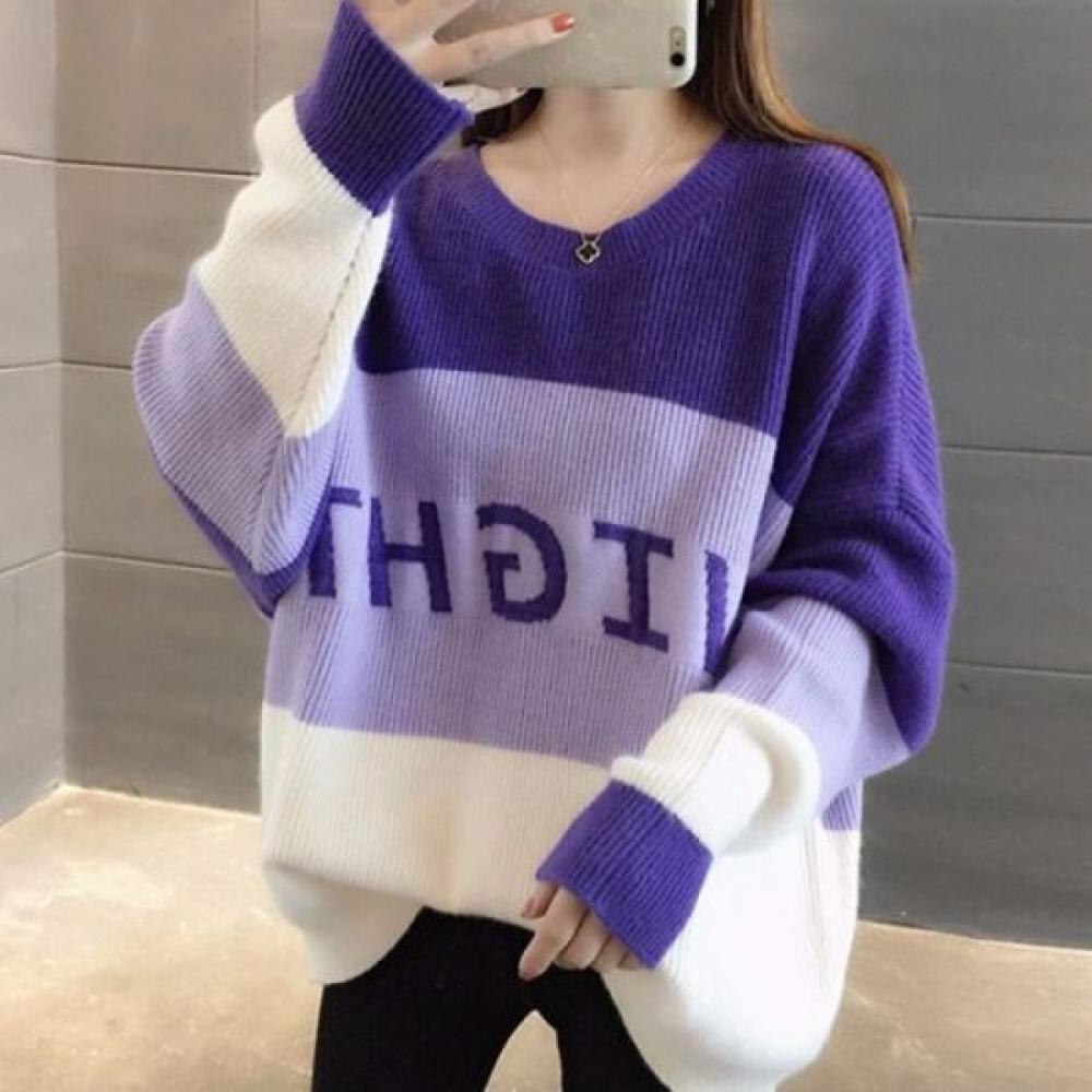 Navava Loose Fit Lettering Color Block Round Neck Long Sleeve Knit Sweater Nk350