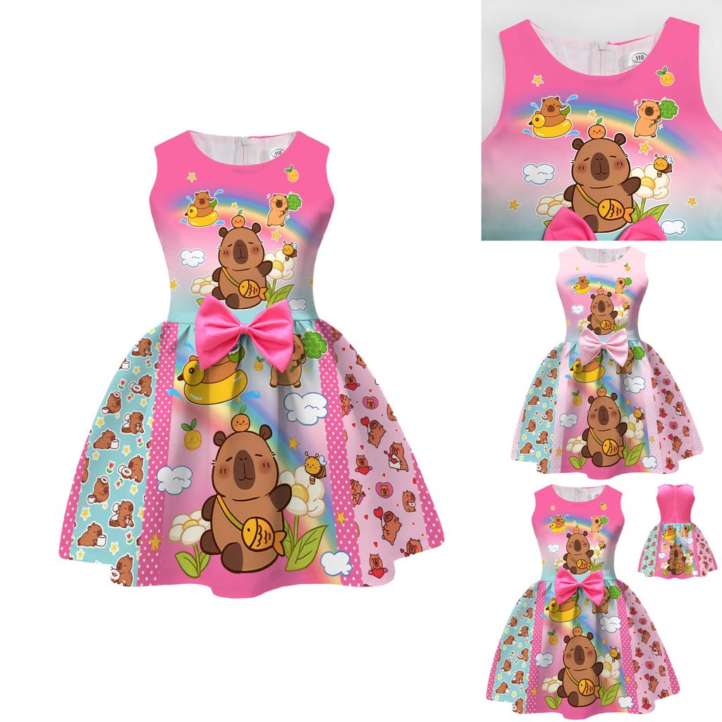 Vestito per Bambina Cartoon Capibara con Gonna Pieghettata in Misto Cotone per Età da 3 a 8 Anni
