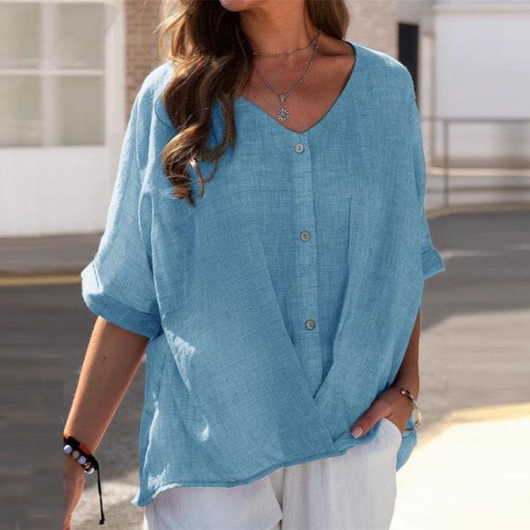 Women's Casual Loose Fit Short Sleeve V Collar Cotton Linen Shirt Top