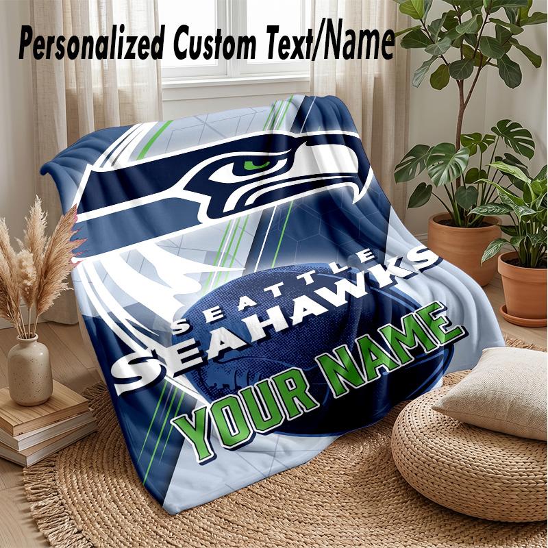 Seattle Seahawks Custom Flannel Throw Blanket Print Your Name Text Soft Warm Blanket Holiday Present
