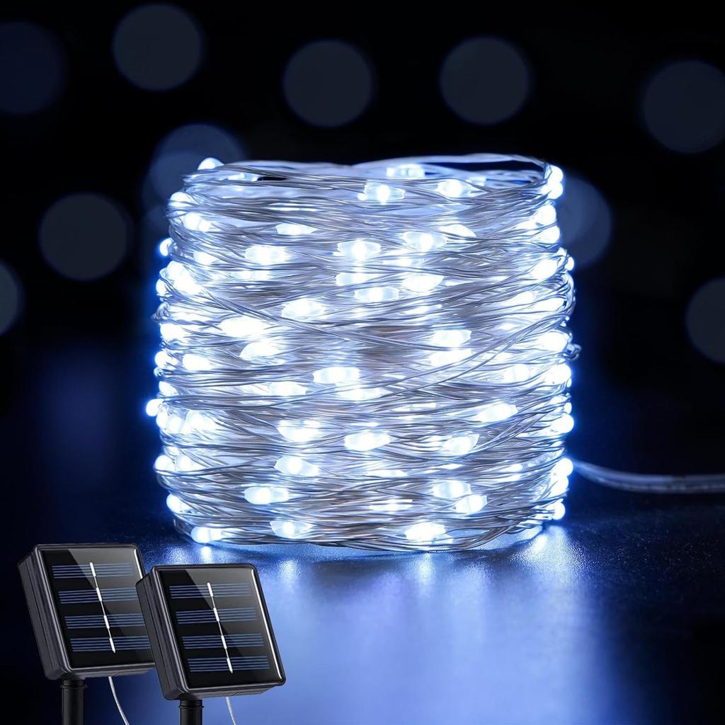 Solar Lights Outdoor Waterproof LED Copper Wire String Lights for Garden Patio Decor, Warm White, 8 Modes, Festive, Party
