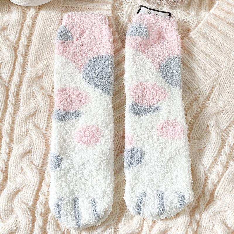 Cat Paw Striped Cute Socks Coral Fleece Winter Women Socks Thick Thermal Floor Sleeping Socks Candy Color Velvet Sock Warm