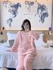 Women's Cute Cartoon Round Neck Flannel Pajamas - Warm Striped Coral Fleece Homewear Set for Autumn and Winter