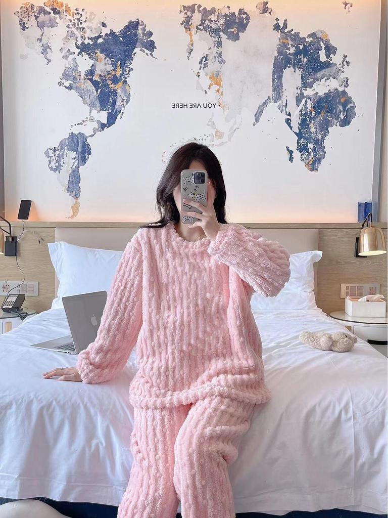 Women's Cute Cartoon Round Neck Flannel Pajamas - Warm Striped Coral Fleece Homewear Set for Autumn and Winter