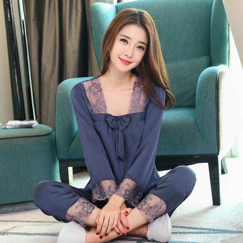 

Gui Xiu Унисекс Пижама из искусственного шелка с длинным рукавом - Комплект из двух предметов для весны/лета XL