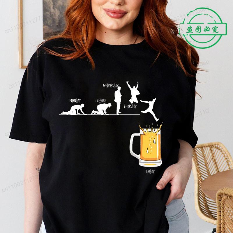 Women T Shirt Monday To Friday Drink Beer Funny Sports Fashion Casual T-shirt Skeleton FRIDAY Beer Graphic Tshirts Women Clothes