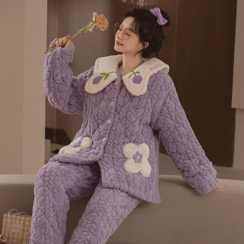 Women's Winter Pajama Set - Three-Layer Quilted, Thick Velvety Coral Fleece, Warm & Cute Bear Design