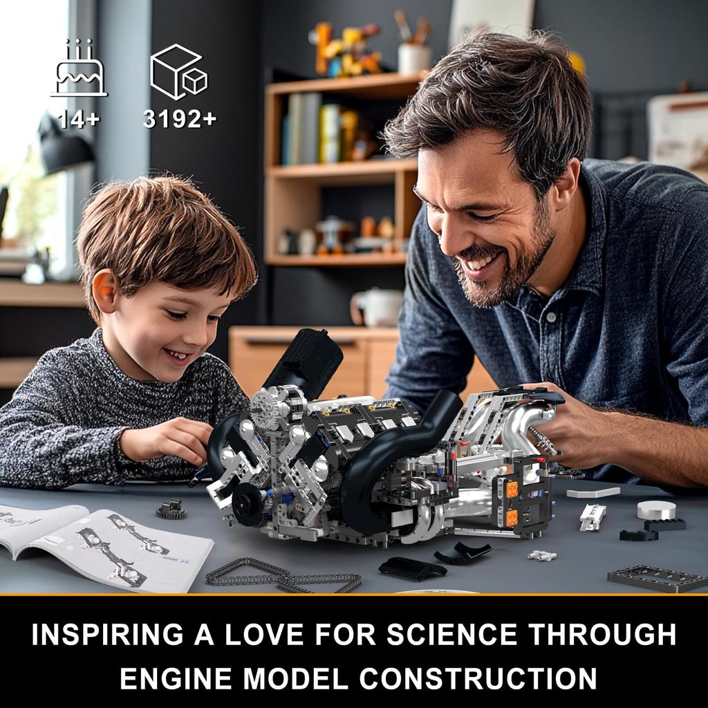 Mould King 10248 V8 Engine Building Blocks – Realistic Twin-Turbo V8 Car Engine Model Kit (3,192 Pieces) Static Display Model for Kids and Teens