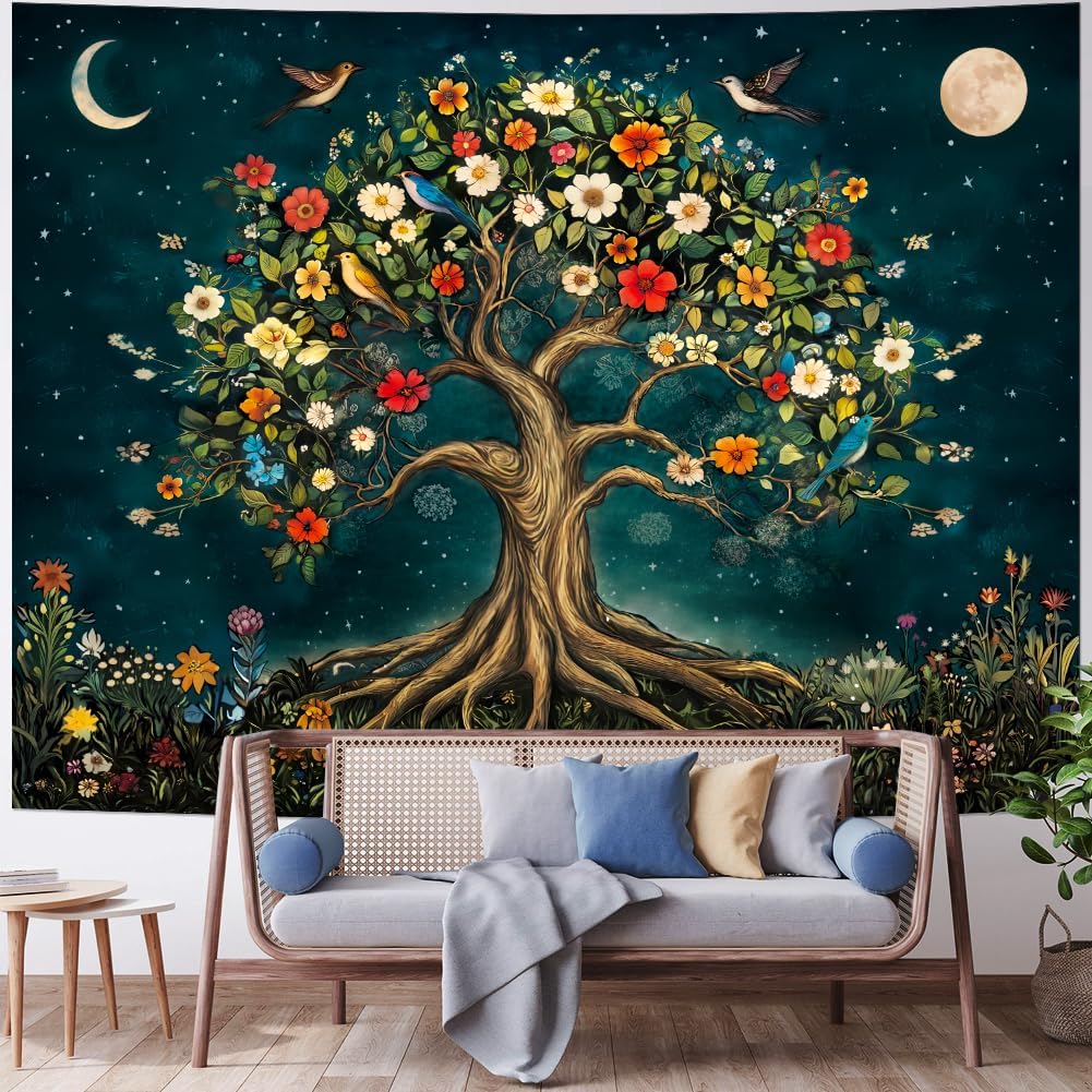 Amtoodopin Tree of Life Tapestry Mystic Boho Flowers Tapestry Vintage Aesthetic Tree Wall Tapestries Retro Nature Floral Plants Tapestries Wall