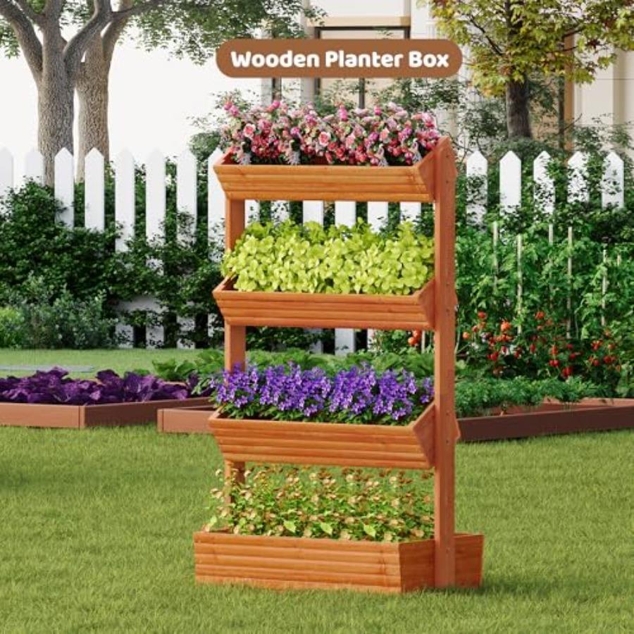 Wooden Raised Garden Bed Vertical Planter Box Freestanding Plant Stand for Indoor Outdoor Plants Herbs Flowers Vegetables Garde