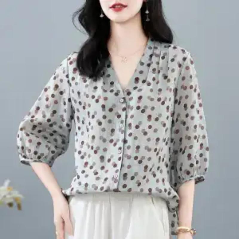 Women's Spring Summer Polka Dot V Neck 3/4 Sleeve Button Blouse