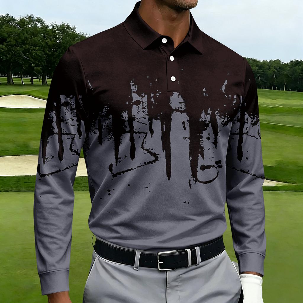 Men's Casual Printed Long Sleeve Button Down Shirt with Lapel Collar for Sports and Daily Wear