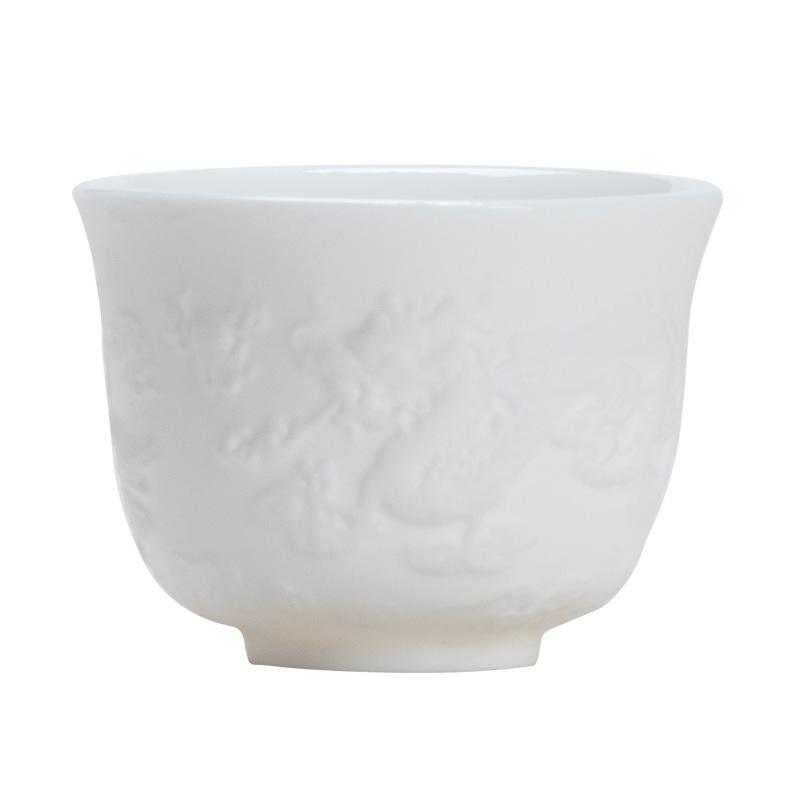 Suet Jade White Porcelain Relief Teacup Master Cup Dragon and Phoenix Cup Personal Single Cup Vegetarian Fired Kung Fu Ceramic Handmade Tea