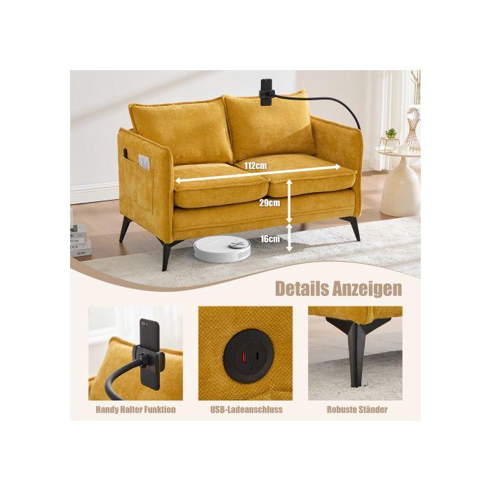 Canapé - MUVOE - Petit canapé en tissu - 2 places - Support téléphone réglable - Rangement intégré