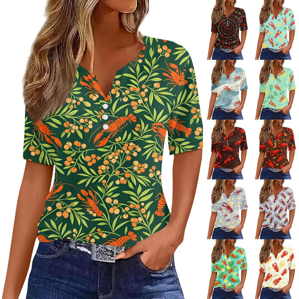 Women Casual V Neck Short Sleeve Button Front T Shirt Lobster Print Lightweight Summer Top