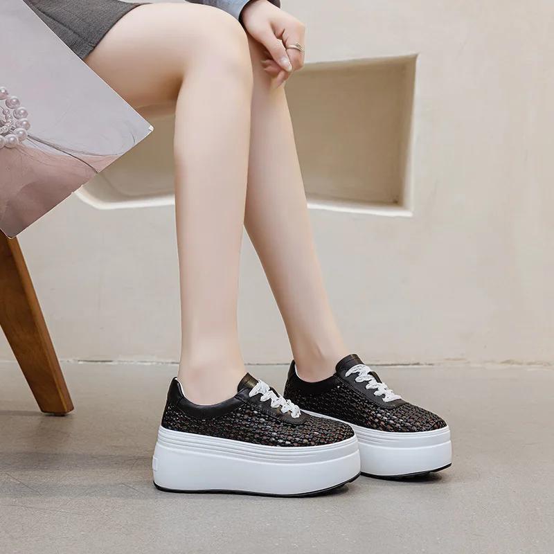 

Fashion 8CM Air Mesh Weave Microfiber Genuine Leather High Brand Platform Wedge Fashion Summer Comfy Shoes Sandals Women Chunky Sneaker 39