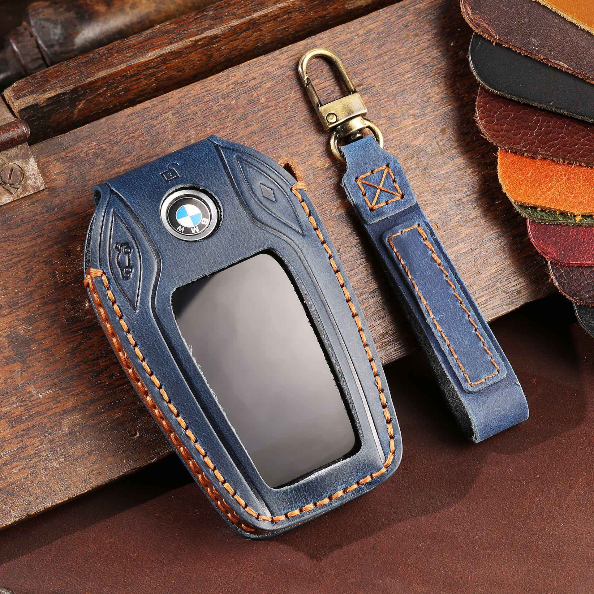 

Чехол для ЖК-ключа BMW из натуральной кожи с напечатанным номером для смарт-ключей BMW 7 серии, 5 серии и X7. синий