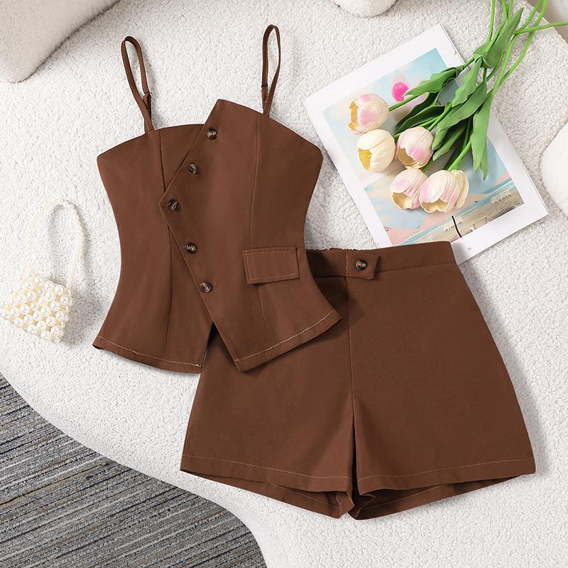 

Girls Fashionable Dark Brown Set: Summer Children s Vest and Strapless Tank Top with Loose Shorts, 2-Piece Set 130cm=8Y темно-коричневого