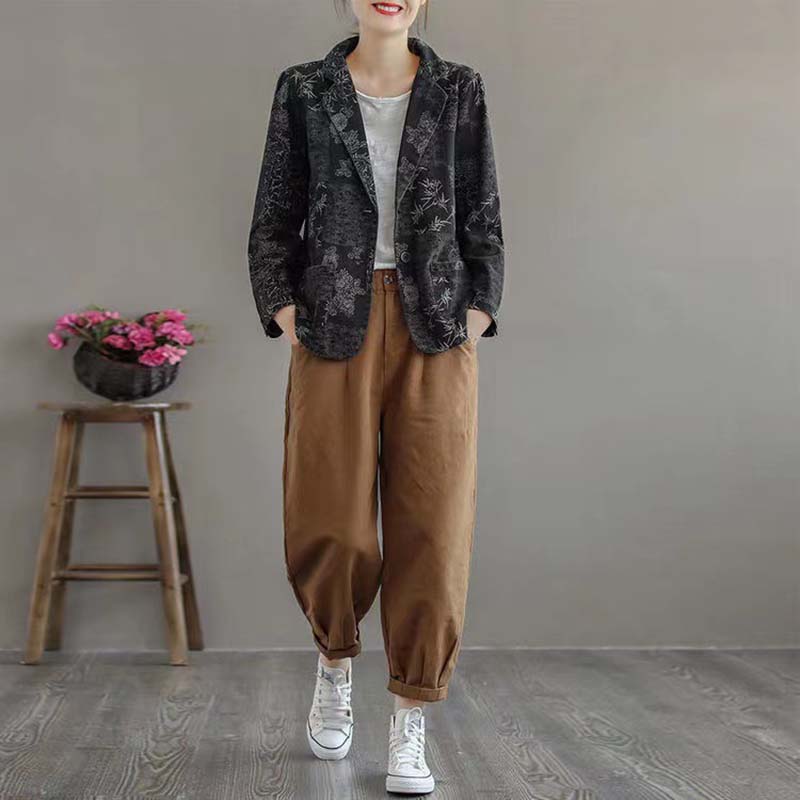 Blazer Imprimé Rétro pour Femmes Veste Courte Fine à Manches Longues Coton Décontracté Ample Manteau Printemps et Automne Commute Version Coréenne Style Harajuku