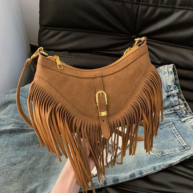Maillard Brown Fringed Bag Autumn New Bohemian Retro Versatile Messenger Bag