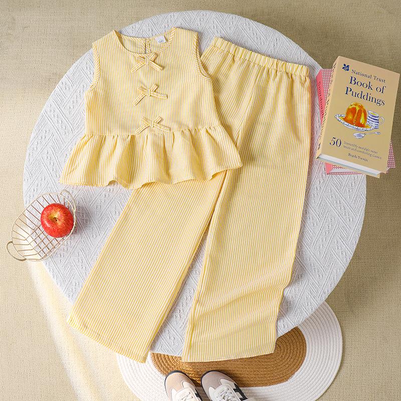 

Girls Fashion Set Summer Children s Cute Bow Sleeveless Top, Casual Striped Wide-leg Pants 170cm=12Y жёлтый